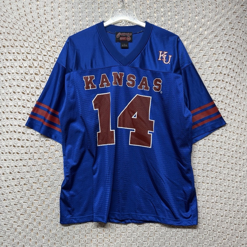Kansas Jayhawks Football Jersey Mens Size L Blue Apparel #14 V Neck Short Sleeve